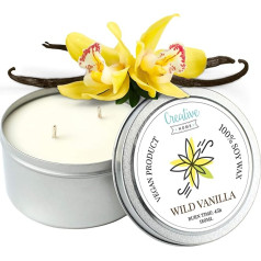 Creative Home Savvaļas vaniļas sojas vaska aromātiskā svece | 45 stundu degšanas laiks | 100% vegāns alvā | 180 ml organiskās aromātiskās sveces | Dāvanu aromātiskās sveces | Relaksācijas dekorēšana vai sveču dāvināšana