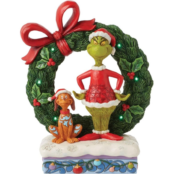 Enesco Dr. Seuss The Grinch by Jim Shore Max Standing on Wreath, izgaismota figūra, 8,5 collas, daudzkrāsaina