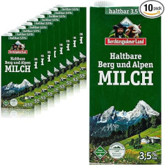 Berchtesgadener Land - 10 gabali H-pilnpiens 3,5% 1 litra iepakojumā ilgnoturīgs piens no kalnu un Alpu reģiona saimniecībām (kalnu lauksaimnieku piens)