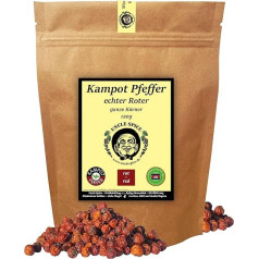 UNCLE SPICE® Raudonieji Kampoto pipirai - 120 g Tikrieji Kampoto raudonieji pipirai - aukščiausios kokybės - saulėje džiovintos sveikos pipirų uogos, su meile renkamos Kambodžoje, tikri raudonieji pipirai