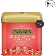 Twinings CEYLON ORANGE PEKOE melnā tēja vaļējā tējas kārbā - gaiši zeltains un atsvaidzinošs aromāts no labākajām Ceilonas tējas lapiņām, iepakojumā pa 6 gabaliem (katrs pa 100 g)