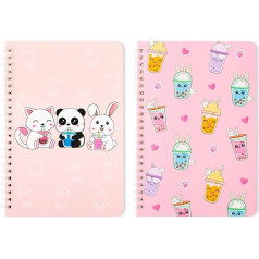 WATINC Bubble Tea A5 spirālveida piezīmju grāmatiņas Milk Tea Boba Ruled Notebook Ceļojumu dienasgrāmata Balta papīra metāliska stiepļu sējuma blociņi bērniem, pusaudžiem, skolai, birojam, piezīmju dienasgrāmatas piederumi, 50 lapas, 2 ekse