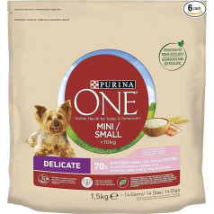 Purina One Mini < 10kg Delikātas kroketes maziem suņiem ar lašiem un rīsiem 6 iepakojumi pa 1,5kg