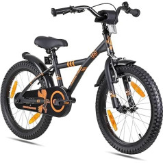 PROMETHEUS® 18 DIVIENU KIDS VELOSRITENS ORANŽAINI ČERNĀ krāsā + ar alumīnija statīvu + bremzes ar atpakaļgaitu + V-Brake | Drošam un bezrūpīgam rotaļu priekam bērniem vecumā no 6 gadiem | 18s BMX Edition