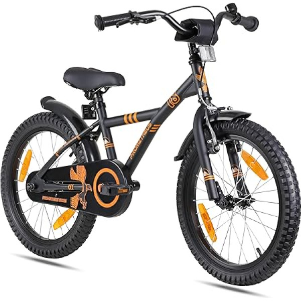 PROMETHEUS® 18 DIVIENU KIDS VELOSRITENS ORANŽAINI ČERNĀ krāsā + ar alumīnija statīvu + bremzes ar atpakaļgaitu + V-Brake | Drošam un bezrūpīgam rotaļu priekam bērniem vecumā no 6 gadiem | 18s BMX Edition