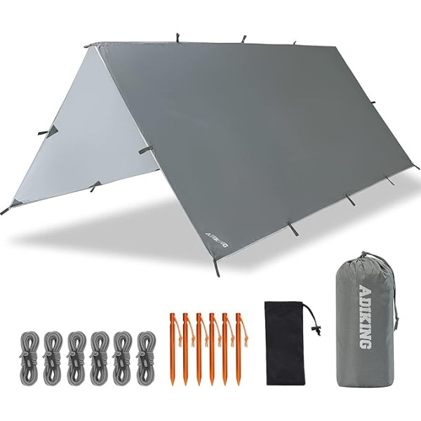 ADIKING Kempings telts brezenta tents 3,2 m x 3 m Ūdensnecaurlaidīgs pārnēsājams brezenta tents šūpuļtīklam Viegls Anti-UV lietus pārsegs Saules aizsardzība kempingam Pārgājieni brīvā dabā (pelēks)