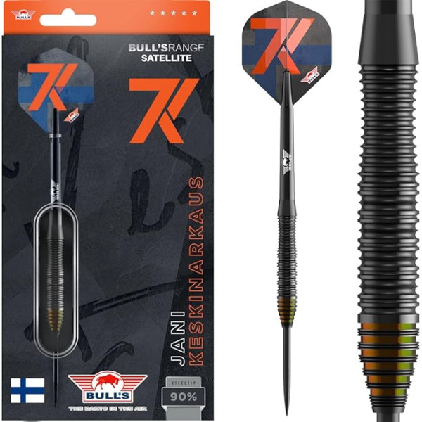 Bull's Jani Keskinarkaus 90% Tungsten Steeltip šautriņas - 26g - Profesionālas šautriņas ar mikro satvērienu, gredzenveida satvērienu un kupolu, melns stobrs ar oranžu uzgalīti