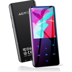 AGPTEK 64GB MP3 atskaņotājs Bluetooth 5.0 ar 2,4 collu TFT krāsu ekrānu, HiFi mūzikas atskaņotājs ar skaļruni, skārienpogas, FM radio, e-grāmata, ierakstīšana, miega taimeris, atbalsta līdz 128 GB, melns