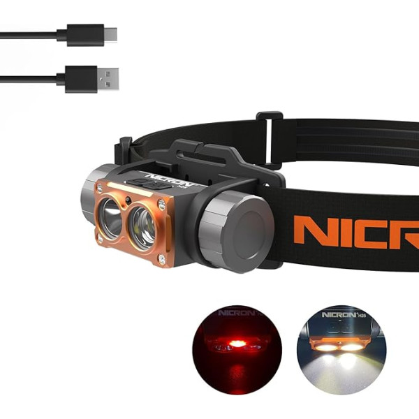 NICRON H25 priekšējais lukturis LED ar sarkanu gaismu USB uzlādējams Super spilgts 1500 lūmenu lukturis 5 apgaismojuma režīmi IP65 ūdensizturīgs medībām un makšķerēšanai