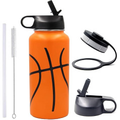 900 ml basketbola ūdens pudele, BPA nesatur, metāla beisbola softbola pudele ar 2 vāciņiem (salmiņa vāciņš + elastīgs vāciņš), 18/8 nerūsējošā tērauda dubultā sienas karsta/auksta sporta pudele (32oz, basketbola), Ketball)