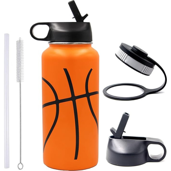 900 ml basketbola ūdens pudele, BPA nesatur, metāla beisbola softbola pudele ar 2 vāciņiem (salmiņa vāciņš + elastīgs vāciņš), 18/8 nerūsējošā tērauda dubultā sienas karsta/auksta sporta pudele (32oz, basketbola), Ketball)