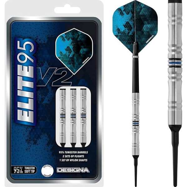 DESIGNA DARTS Elite 95 V2 | 95% volframa stobriņu šautriņu komplekts ar mīkstajiem uzgaļiem, M1, 19g (D9851)