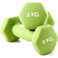 DUMBBELLS svaru plāksnes no neoprēna, kas ideāli piemērotas funkcionālajiem fitnesa vingrinājumiem (2 x 2 kg)