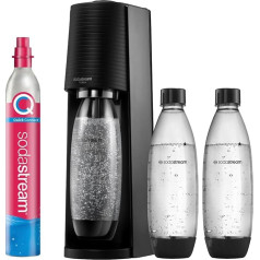 SodaStream TERRA Promopack ūdens karbonizators ar CO2 balonu un 3 x 1 L plastmasas pudelēm, kuras var mazgāt trauku mazgājamā mašīnā, augstums 44 cm, melns