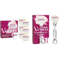 Gillette Venus Comfortglide Sugarberry sieviešu skuvekļa asmeņi, 6 rezerves asmeņi un Gillette Venus Comfortglide Sugarberry sieviešu skuveklis, sieviešu skuveklis + 1 skuvekļa asmeni ar 5x asmeni, dāvana sievietēm