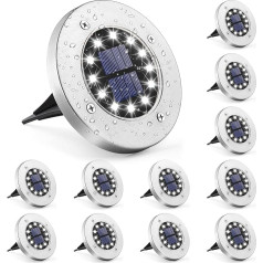 GIGALUMI Solar Floor Light 12 LEDs Pack of 12 Solar Lights White Garden Lights Stainless Steel Waterproof for Outdoors, Garden, Patio, Lawn, Yard, Walkway