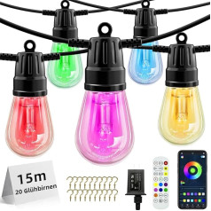 Āra pasaku gaismas, Smart RGB terases apgaismojums, 15 m dimmable terases pasaku gaismas, ar tālvadības pulti un lietotni, IP65 ūdensizturīgs, 47 skatuves režīmi, 20 LED spuldzes, dārza terases svinībām