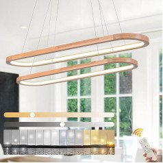 WayLuoung koka LED lustra griestu gaisma, dimmable 2 Layer Oval Ring Wood Lighting, 3000-6000 K, regulējams aplis kulonu lampa, virtuves sala, ēdamistaba, dzīvojamā foajē, 70 + 90 cm