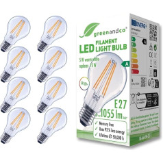 8 x kvēlspuldzes LED spuldzes Aizstāj 75 W, E27 A60, 5 W, 1055 lm, 2700 K silti balta, 320° 230 V, bez mirgošanas, energoefektivitāte A, bez regulējamas gaismas intensitātes, bez apgaismojuma