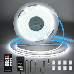 KWODE COB LED lente 6000 K aukstā baltā krāsā, 8 m, 312 LED/M, 24 V līdzstrāvas elastīga gaismas josla ar barošanas avotu un RF tālvadības pulti iekštelpu dzīvojamās istabas guļamistabai, guļamistabas virtuvei, DIY dekorēšanai