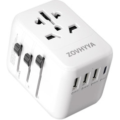 ZOVHYYA Ceļojuma adapteris visā pasaulē Universāls ceļojuma kontaktdakšu adapteris ar 4 USB 15 W starptautiskais kontaktligzdas adapteris ar USB C tipa C, maiņstrāvas kontaktligzda visā pasaulē Eiropai Anglijai ASV Austrālijai Itālijai Japāna