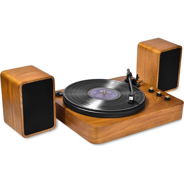 VIFLYKOO Vinilplašu atskaņotājs ar ārējiem skaļruņiem, HiFi Bluetooth atskaņotājs, Retro Vinilplašu atskaņotājs atbalsta 33/45/78 RPM, automātiskā apstāšanās, Phono priekšpastiprinātājs, AT-3600L skaņas noņēmējs