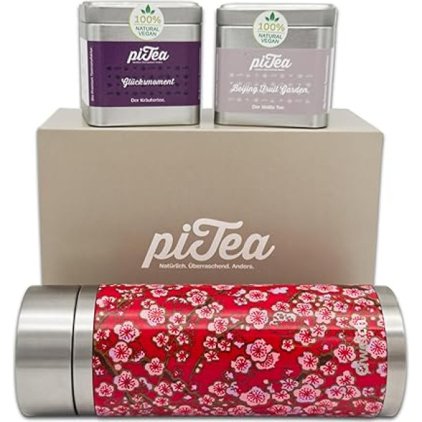 piTea Geschenkset mit roter Thermosflasche und 2 Mini-Dose | Tee Geschenkset für echte Genießer - Tee Set Geschenk, Tee Probierset aus Deutschland