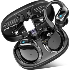 Bluetooth sporta austiņas, 75 stundu bezvadu Bluetooth 5.3 austiņas ar 3D stereo basiem, 4 ENC mikrofoni trokšņu slāpēšanai, LED displejs, IP7 ūdensizturība, USB-C ātrā uzlāde ausī