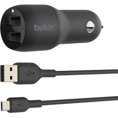 Belkin USB auto lādētājs, 24 W ar 2 pieslēgvietām un Micro USB kabeli (Boost Charge Dual Port Car Charger, 2 portu USB auto lādētājs), Power Bank auto lādētājs, Kindle auto lādētājs