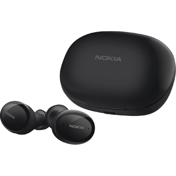 Nokia Comfort True Wireless austiņas (TWS411 BK) Pārnēsājamās Bluetooth 5.1 pret šļakatām noturīgās ausu austiņas ar skārienvadību un balss asistentu 29 stundu lietošanai ar uzlādes korpusu melnas krāsas