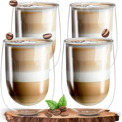 ElbFuchs® divstūra Latte Macchiato glāžu komplekts [4 x 350 ml] Kristāldzidras termiskās glāzes ar dubultiem sieniņiem, kas ideāli piemērotas kā kapučīno glāzes Kafijas glāzes Tējas glāzes