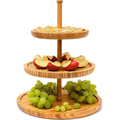Relaxdays Etagere bambusa H: 25 cm D: 30 cm 3 līmeņu augļu etalons no koka ar 3 apaļām bļodiņām konditorejas izstrādājumu, cepumu, uzkodu, riekstu, saldumu uzglabāšanai, kā augļu šķīvis un servēšanas šķīvis, dabīgs.