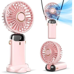 Koonie Portable Handheld Fan, Battery Operated Fan, 8 Hours, Digital Display, 5 Speeds, 90° Adjustable, Rechargeable Mini Fan for Outdoor (Pink)