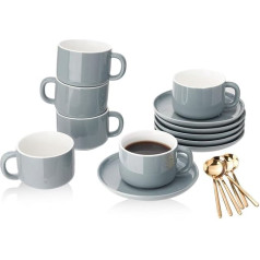 CHILDIKE 6 pelēku porcelāna kafijas tasīšu komplekts ar karotītēm 8oz Krāsaina glazūra
