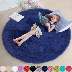 Navy Blue Bedroom Rug, Fluffy Circle Rug, 122 x 122 cm for Nursery Plush Rug for Teenager Room, Shaggy Throw for Kids Room, Fluffy Plush Rug for Dorm, Indigo Reading Cute Room Decor for Baby