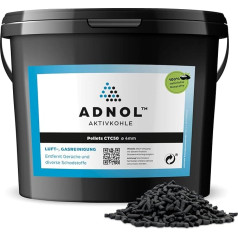 ADNOL® aktīvās ogles granulas 20 litri, izgatavotas no kokosriekstu čaumalām gaisa attīrīšanai un gāzes attīrīšanai, piemēram, tvaika nosūcējiem, CTC50, diametrs 4 mm, A enerģijas klase, var izmantot kā oglekļa filtru.