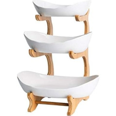 YYW 3-līmeņu keramikas augļu trauks, porcelāna augļu grozs, augļu statīvs, uzglabāšanas turētājs ar bambusa koksni, dārzeņu uzglabāšana virtuves galdam, liela ietilpība, augļu turētājs maizei, uzkodas (balts)