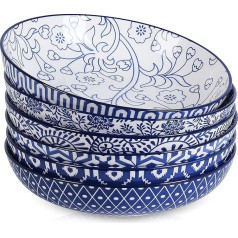 Selamica porcelāna makaronu bļodas, 26 unces, 8 collas platas un plakanas salātu bļodas, servējamās bļodas, piemērotas lietošanai mikroviļņu krāsnī un trauku mazgājamā mašīnā, izturīgas un saliekamas kaudzē, Vintage Blue, 6 komplekti