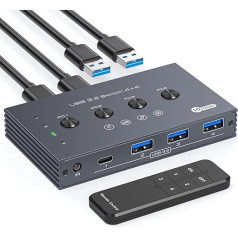 TJCXELE 10Gbps USB komutators 4 PC Share 4 USB 3.2 porti USB 3.2 komutatora selektors 4 in 4 Out video pārraide un PD uzlāde netiek atbalstīta, ar tālvadības pulti un 4 USB A-A kabeļiem