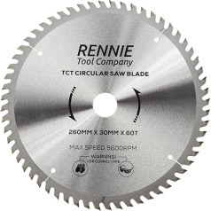 Rennie Tools TCT ripzāģa asmens 260mm x 30mm x 60T Komplektā ietilpst samazinājuma gredzeni ar 25mm, 20mm un 16mm caurumu Savietojams ar Festool, Bosch, Makita, Dewalt ripzāģiem u.c.