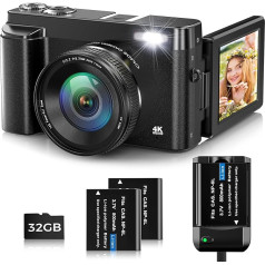 Oiadek 4K digitālā kamera, 48MP autofokusa videoreportāžas kamera ar 32G atmiņas karti, 16X digitālo tālummaiņu, 180° flipekrānu un lādētāju pusaudžiem