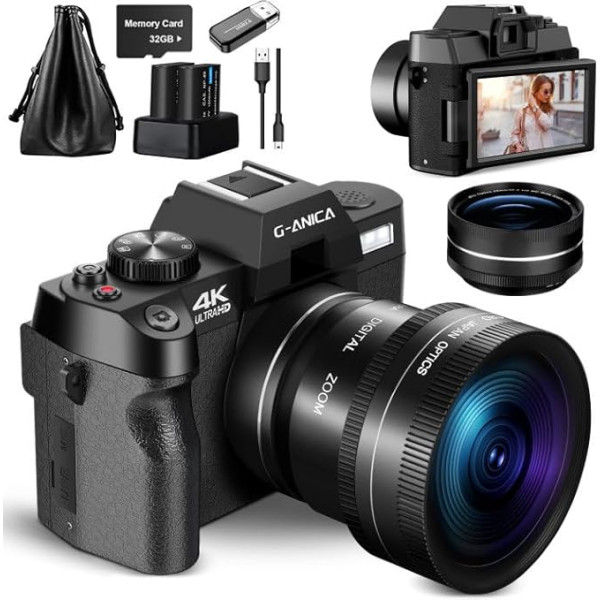 G-Anica 4K digitālā fotokamera fotografēšanai Vlogošana 48MP Youtube ar WiFi Kompakts 180° rotējošs ekrāns ar zibspuldzi Ceļojumu kamera Digitālā tālummaiņa