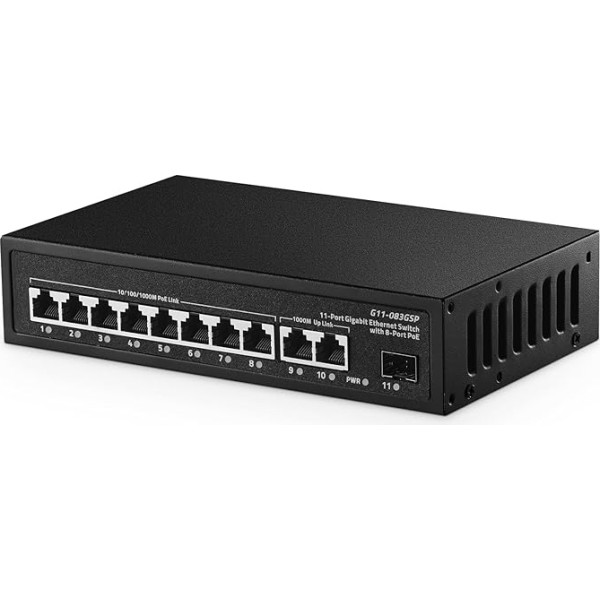 Binardat 11 pieslēgvietu gigabitu POE komutators, 8 POE+ pieslēgvietas 1000Mbps, 2 gigabitu savienojumi, 1 gigabitu SFP, IEEE802.3af/at, 135W barošanas avots, metāla korpuss, bez vadības, Plug and Play