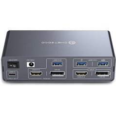 TJCXELE KVM slēdzis 2 PC 2 monitors USB C HDMI Display Port klēpjdatoram un galddatoram C tipa HDMI 4K60Hz + DP 4K120Hz 13-in-1 ar USB-A*2 + USB-C*1 10Gbps, USB 3.0 * 2 5Gbps un SD/MicroSD karšu slots