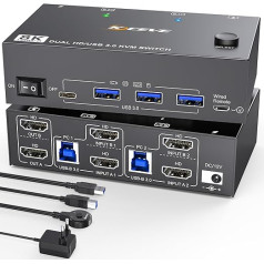 HDMI KVM Switch 2 PC 2 Monitors 8K @ 60Hz 4K @ 144Hz, camgeet Dual Monitor KVM Switch for 2 PC Share 2 Monitors and 4 USB 3.0 Ports with Wired Remote, 12 V Power Supply and USB Cable Included