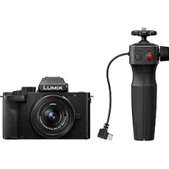 Panasonic Lumix DC-G100DVEGK Micro Four Thirds bezspoguļa kamera ar objektīvu Lumix G Vario 12-32mm F3.5-5.6 un statīva rokturi DMW-SHGR2, 20,3 MP, 4K 30p/FHD 60 video, videokamera, USB-C uzlāde, melna