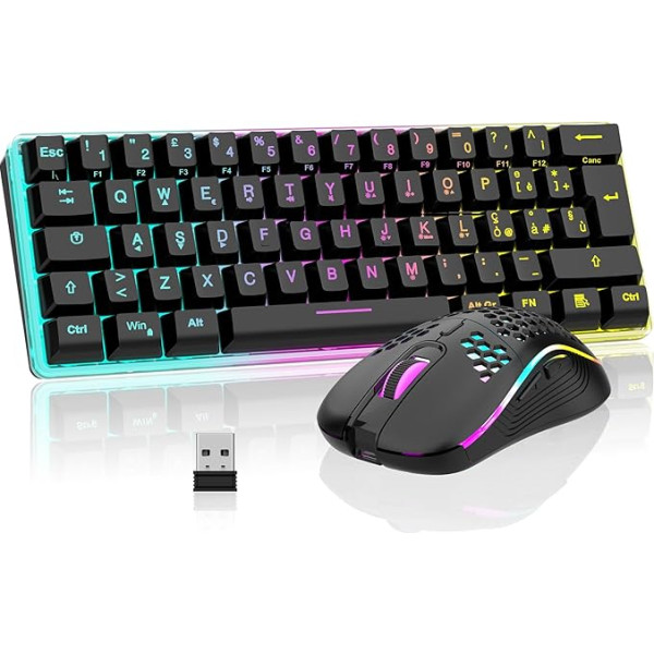 RedThunder Mouse e tastiera da gioco wireless K62 60%, layout QWERTZ DE, tastiera da gioco compatta ricaricabile, Mouse da gioco ultraleggero Con struttura a Nido d'ape per PC Mac PS5 Xbox Gamer