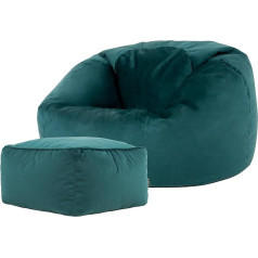 Icon Aurora Classic Bean Bag ar tabureti, Teal, plīša samta, pupiņu maisu krēsls pieaugušajiem ar pildījumu, lieli pupiņu maisi viesistabai
