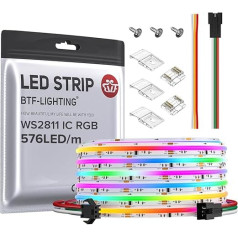 BTF-LIGHTING FCOB COB RGB WS2811 IC adresējama LED sloksne DC24V 5M 576LEDs/M 16W/M 10mm balta PCB chasing krāsa elastīga augsta blīvuma LED IP66 ūdensizturīga interjera dekorēšanai (tikai sloksne)