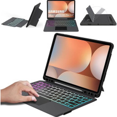ROOFEI Galaxy Tab S9 FE+/S9+/S10+ 12,4 collu korpuss ar tastatūru QWERTZ - noņemama tastatūra ar skārienpaliktni un 7 krāsu apgaismojumu - tastatūras korpuss Samsung Galaxy Tab S10+ Plus/S9 FE Plus/S9 Plus
